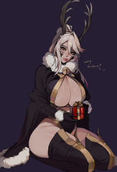 Rule 34 | 1girl, absurdres, antlers, artoria pendragon (fate), artoria pendragon (lancer alter) (fate), bell, black gloves, blush, breasts, brown background, cape, christmas, cleavage, cleavage cutout, closed mouth, clothing cutout, commentary, ennuigrl, fate/grand order, fate (series), fur collar, fur trim, gift, gloves, highres, horns, large breasts, looking to the side, merry christmas, seiza, sitting, skindentation, sweatdrop, thick thighs, thighhighs, thighs, yellow eyes