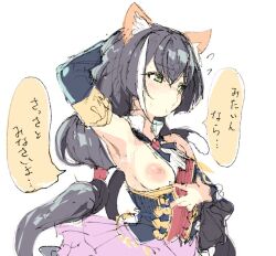 Rule 34 | 1girl, animal ear fluff, animal ears, armpits, black hair, blush, breasts, cat ears, cat girl, detached sleeves, gorirago, green eyes, karyl (princess connect!), long hair, low twintails, medium breasts, multicolored hair, nipples, one breast out, presenting armpit, princess connect!, simple background, sketch, solo, speech bubble, streaked hair, translation request, twintails, white background, white hair