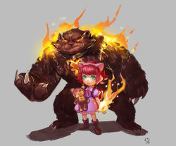 Rule 34 | 1girl, annie (league of legends), backpack, bag, bear, boots, brown footwear, burning, claws, dress, fire, flaming hand, green eyes, highres, league of legends, maomao, purple dress, red hair, short hair, stuffed animal, stuffed toy, teddy bear, tibbers, watermark, yellow eyes