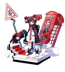 Rule 34 | 1girl, backpack, bag, bandaid, bandaid on knee, bandaid on leg, black footwear, blush, bullet, covered mouth, cube, earbuds, earphones, english text, floating, fysc, gun, headgear, highres, mechanical, mechanical arms, open hand, original, outline, oversized zipper, phone booth, red eyes, sign, simple background, sleeves past fingers, sleeves past wrists, socks, solo, stairs, standing, weapon, white background, white outline, white socks, zipper, zipper pull tab