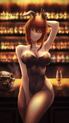 Rule 34 | 1girl, absurdres, alcohol, animal ears, armpits, bare shoulders, black gloves, breasts, chainsaw man, cleavage, collarbone, eyebrows hidden by hair, fake animal ears, fishnet pantyhose, fishnets, glass, gloves, hair between eyes, highres, large breasts, leotard, long hair, looking at viewer, makima (chainsaw man), off shoulder, open mouth, pantyhose, penguintake, playboy bunny, rabbit ears, red hair, skull, smile, solo, wine, yellow eyes