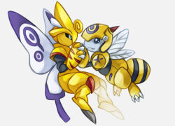 Rule 34 | armor, bee, bug, butterflamon, butterfly, digimon, honeybeemon, insect, looking at another, spikes, wings