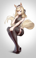 Rule 34 | 1girl, absurdres, animal ear fluff, animal ears, arknights, blonde hair, brown thighhighs, eyebrows hidden by hair, garrison cap, grey background, hainie, hat, high heels, highres, horse ears, horse girl, horse tail, kneehighs, legs together, long hair, looking at viewer, short shorts, shorts, sitting, sleeveless, sleeveless sweater, socks, solo, sweater, tail, thighhighs, whislash (arknights)