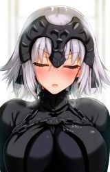 Rule 34 | 1girl, absurdres, black dress, blurry, blurry background, blush, breasts, breath, chain, closed eyes, closed mouth, commentary request, covered collarbone, depth of field, dress, eyelashes, facing viewer, fate/apocrypha, fate/grand order, fate (series), fringe trim, hair between eyes, headpiece, heart, heavy breathing, highres, incoming kiss, jeanne d&#039;arc (fate), jeanne d&#039;arc alter (avenger) (fate), jeanne d&#039;arc alter (fate), kojima saya, large breasts, lips, nose blush, short hair, sidelocks, signature, silver hair, skin tight, solo, steam, translation request
