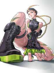 Rule 34 | 1girl, absurdres, beret, black footwear, black gloves, black hat, black one-piece swimsuit, blonde hair, blue eyes, boots, braid, breasts, cammy white, colored shoe soles, from below, gloves, hat, highres, juaag acgy, medium breasts, official alternate costume, one-piece swimsuit, solo, street fighter, swimsuit, thighs, twin braids, white background
