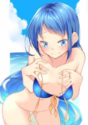 Rule 34 | 10s, 1girl, alternate costume, bikini, bikini top only, blue bikini, blue eyes, blue hair, blush, bottomless, breasts, cloud, cloudy sky, commentary, day, eyebrows, highres, kantai collection, long hair, looking at viewer, matching hair/eyes, nebusoku, ocean, samidare (kancolle), sky, small breasts, solo, swimsuit, undressing