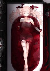Rule 34 | 1girl, bath, bath of blood, bathing, blood, breasts, closed eyes, closed mouth, collarbone, crossed ankles, cup, from above, hair ribbon, highres, holding, holding cup, large breasts, long hair, mole, mole under eye, mole under mouth, narue, nude, original, pink hair, red ribbon, ribbon, sidelocks, two side up, wavy hair, wrist ribbon