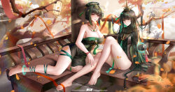 Rule 34 | 2girls, absurdres, barefoot, black hair, breasts, china dress, chinese clothes, cleavage, crown, dress, elbow gloves, feet, gloves, green eyes, green hair, hair ornament, hanying: zitherwoe (punishing: gray raven), hanying (punishing: gray raven), highres, jewelry, large breasts, long hair, looking at viewer, multicolored hair, multiple girls, nail polish, no shoes, punishing: gray raven, qu: pavo (punishing: gray raven), qu (punishing: gray raven), red eyes, sitting, smll233, soles