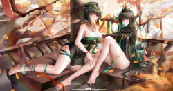 2girls absurdres barefoot black_hair breasts china_dress chinese_clothes cleavage crown dress elbow_gloves feet gloves green_eyes green_hair hair_ornament hanying:_zitherwoe_(pgr) hanying_(pgr) highres jewelry large_breasts long_hair looking_at_viewer multicolored_hair multiple_girls nail_polish no_shoes punishing:_gray_raven qu:_pavo_(pgr) qu_(pgr) red_eyes sitting smll233 soles