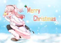 Rule 34 | 1girl, aki sakura, alternate hairstyle, blush, breasts, capelet, earmuffs, fur trim, large breasts, long hair, looking at viewer, merry christmas, nitroplus, one eye closed, open mouth, pink hair, red eyes, smile, snow, solo, squatting, star (symbol), super sonico, thighhighs, twintails, winter clothes