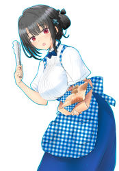 Rule 34 | 1girl, :o, airplane hair ornament, alternate costume, apron, arm up, black hair, blue bow, blue bowtie, blue skirt, blush, bow, bowtie, box, bread, breasts, checkered apron, checkered clothes, commentary request, cowboy shot, cropped legs, food, gingham, gingham apron, hair bun, hair ornament, hair up, highres, kantai collection, kobeya, kobeya uniform, large breasts, leaning forward, looking at viewer, mizuki takehito, open mouth, outline, red eyes, shirt, short sleeves, simple background, single hair bun, skirt, solo, takao (kancolle), tongs, unmoving pattern, white background, white shirt