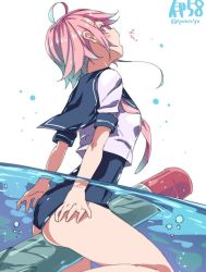 Rule 34 | 10s, 1girl, ahoge, ass, blush, character name, from side, i-58 (kancolle), image sample, kantai collection, looking at viewer, looking back, nape, open mouth, partially submerged, pink eyes, pink hair, profile, riding, school swimsuit, school uniform, serafuku, short hair, skindentation, solo, straddling, super zombie, swimsuit, swimsuit under clothes, torpedo, type 95 torpedo, underwater, water, watermark