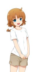 Rule 34 | 1girl, :d, ahoge, assault lily, blue eyes, blunt bangs, braid, braided ponytail, brown shorts, collarbone, commentary request, fukaiton, futagawa fumi, highres, jewelry, long hair, looking at viewer, open mouth, orange hair, pocket, ring, shirt, short sleeves, shorts, simple background, single braid, smile, solo, standing, t-shirt, transparent background, v arms, white shirt
