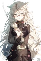 Rule 34 | 1girl, animal ears, artist name, braid, chain, cloud, collar, flower, glasses, goth fashion, highres, holding, holding hair, long hair, looking at viewer, oomori (kswmr), open mouth, original, signature, simple background, solo, white background