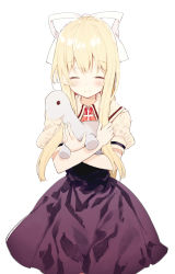 Rule 34 | 1girl, air (visual novel), black skirt, blonde hair, blush, closed eyes, closed mouth, collared shirt, commentary request, facing viewer, hair ribbon, highres, kamio misuzu, long hair, mieharu, hugging object, ponytail, puffy short sleeves, puffy sleeves, red neckwear, ribbon, shirt, short sleeves, sidelocks, simple background, skirt, smile, solo, stuffed animal, stuffed dinosaur, stuffed toy, very long hair, white background, white ribbon, white shirt
