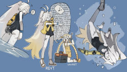 Rule 34 | 2girls, puff of air, = =, ?, adjusting clothes, adjusting swimsuit, air bubble, alchemy stars, alternate costume, anger vein, blonde hair, braid, breasts, bubble, casual one-piece swimsuit, glasses, grey hair, hair over one eye, highres, kneeling, korean text, long hair, multiple girls, multiple views, musical note, one-piece swimsuit, parted bangs, prosthesis, prosthetic arm, revy (alchemy stars), round eyewear, sandals, scar, scar on face, scar on leg, school swimsuit, small breasts, solo focus, sparkle, speech bubble, spoken musical note, spoken question mark, standing, stretching, sweat, swimming, swimsuit, toolbox, twin braids, uminet (alchemy stars), underwater, very long hair, wading, water, wet, whitebear, wrench, yellow one-piece swimsuit