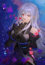 Rule 34 | 1girl, arknights, bare shoulders, black gloves, breasts, chinese commentary, commentary request, gloves, hair between eyes, hands up, highres, long hair, looking at viewer, medium breasts, no headwear, own hands together, parted lips, red eyes, silver hair, skadi (arknights), skadi (elite ii) (arknights), solo, upper body, yangyang baotangbei