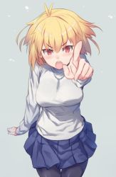 Rule 34 | antenna hair, arcueid brunestud, auru t, blonde hair, blue skirt, breasts, cowboy shot, index finger raised, jewelry, large breasts, long sleeves, melty blood, melty blood: type lumina, miniskirt, open mouth, pendant, pleated skirt, pointing, pointing at viewer, red eyes, shirt, short hair, skirt, standing, teeth, tsukihime, upper teeth only, v-shaped eyebrows, white shirt