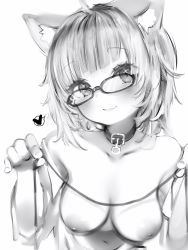 Rule 34 | 1girl, animal ears, bad id, bad pixiv id, blush, breasts, cat ears, closed mouth, fang, glasses, greyscale, hands up, heart, highres, hololive, looking at viewer, medium breasts, monochrome, nanashi (nlo), navel, nekomata okayu, nekomata okayu (oversized shirt), nipples, simple background, skin fang, smile, solo, spoken heart, star (symbol), star in eye, symbol in eye, upper body, virtual youtuber, white background