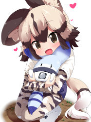 Rule 34 | 10s, 1girl, :d, african wild dog (kemono friends), african wild dog print, animal ears, blonde hair, boots, brown eyes, brown hair, commentary request, dog ears, dog tail, heart, highres, hug, kemono friends, layered sleeves, long sleeves, looking at viewer, lucky beast (kemono friends), makuran, open mouth, pantyhose, pantyhose under shorts, print legwear, print sleeves, shirt, short over long sleeves, short shorts, short sleeves, shorts, smile, squatting, tail, white footwear, white shirt