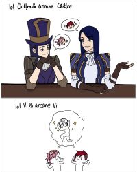 Rule 34 | 4girls, absurdres, arcane: league of legends, arcane caitlyn, arcane vi, artist request, asymmetrical hair, caitlyn (league of legends), dual persona, facial tattoo, hat, highres, league of legends, long hair, multiple girls, police, police hat, police uniform, policewoman, sidecut, tattoo, undercut, vi (league of legends)