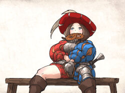 Rule 34 | 1girl, armor, bench, blue eyes, boobplate, boots, breastplate, brown footwear, brown hair, codpiece, food, hand under clothes, hat, ironlily, landsknecht, landsknecht (ironlily), long sleeves, original, pretzel, puffy long sleeves, puffy sleeves, sitting, solo, wooden bench
