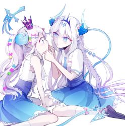 Rule 34 | 2girls, alternate costume, bad id, bad twitter id, blouse, blue eyes, blush stickers, braid, chiliarch (elsword), crown, demon girl, demon tail, elsword, hair ornament, hair ribbon, hairclip, horns, lipstick, luciela r. sourcream, makeup, mellchi, multiple girls, multiple persona, necktie, noblesse (elsword), pointy ears, ribbon, shirt, sitting, skirt, sparkle, symbol-shaped pupils, tail, tiara, twintails, white background, white hair