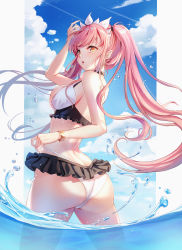 Rule 34 | 1girl, absurdres, ass, bare shoulders, bikini, blue sky, blush, breasts, butt crack, cloud, day, fate/grand order, fate (series), floating hair, from behind, halterneck, highres, lalazyt, long hair, looking at viewer, looking back, medb (fate), medb (swimsuit saber) (fate), medb (swimsuit saber) (second ascension) (fate), medium breasts, open mouth, outdoors, pink hair, revision, sky, solo, standing, swimsuit, tiara, twintails, very long hair, wading, white bikini, yellow eyes