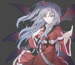 Rule 34 | 1girl, blue eyes, breasts, bright pupils, capelet, dress, grey background, hair between eyes, hair bobbles, hair ornament, hegata (hegatia lapis), highres, long hair, medium breasts, one side up, parted lips, red dress, shinki (touhou), silver hair, simple background, sleeves past elbows, smile, solo, standing, touhou, touhou (pc-98), tsurime, turtleneck, upper body, wide sleeves, wings