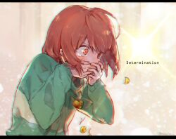 Rule 34 | 1other, ahoge, androgynous, artist name, blush, bob cut, brown eyes, brown hair, buttercup (flower), chara (undertale), check spoilers, chromatic aberration, close-up, commentary, constricted pupils, covering own mouth, dropping, eating, eating flower, english text, falling petals, floating hair, flower, from side, gloom (expression), gold necklace, green sweater, heart, heart necklace, heart pendant, jewelry, leaning forward, light particles, locket, long sleeves, looking ahead, necklace, own hands together, pain, pendant, petals, pillar, scene reference, shaded face, short hair, signature, solo, sparkle, spoilers, suicide, sweater, tearing up, tears, tou ilie, twitter username, two-tone sweater, undertale, upper body, v-shaped eyebrows, white background, wide-eyed, yellow background, yellow flower