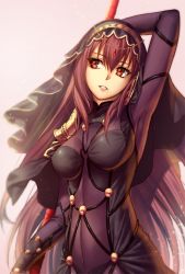 Rule 34 | 1girl, arm up, armpits, bodysuit, breasts, breasts apart, brown hair, fate/grand order, fate (series), hair between eyes, holding, holding weapon, long hair, looking away, medium breasts, metto, pink background, polearm, red eyes, scathach (fate), simple background, solo, spear, standing, upper body, very long hair, weapon