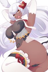Rule 34 | 1girl, animal ears, armpits, arms behind head, arms up, ass, black leotard, blush, bow, bowtie, breasts, cameltoe, cleft of venus, dark-skinned female, dark skin, elbow gloves, erune, frilled thighhighs, frills, gloves, granblue fantasy, highres, large breasts, leotard, long hair, looking at viewer, makura (granblue fantasy), navel, open mouth, rabbit ears, rabbit girl, see-through, see-through black leotard, see-through skirt, skirt, thighhighs, thighs, utani (punishment), white bow, white bowtie, white frilled thighhighs, white hair, white rabbit ears, white thighhighs, yellow eyes