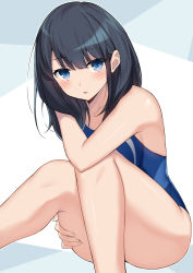 Rule 34 | 1girl, ass, bad id, bad pixiv id, bare arms, bare legs, bare shoulders, black hair, blue eyes, blue one-piece swimsuit, blush, breasts, cccpo, collarbone, commentary request, competition swimsuit, feet out of frame, gridman universe, hand on own thigh, highres, knees up, large breasts, long hair, looking at viewer, one-piece swimsuit, parted lips, sidelocks, sitting, solo, ssss.gridman, swimsuit, takarada rikka, thighs