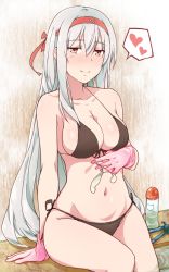 Rule 34 | 10s, 1girl, aneros, bad id, bad twitter id, bikini, blush, breasts, brown bikini, brown eyes, front-tie top, gloves, hairband, heart, kantai collection, large breasts, latex, latex gloves, long hair, looking at viewer, prostate massager, sex toy, shoukaku (kancolle), side-tie bikini bottom, silver hair, sitting, smile, solo, spoken heart, suisen toire (moko924), swimsuit, very long hair