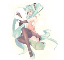 Rule 34 | 1girl, black thighhighs, hair between eyes, hatsune miku, hugging object, kanikama, pillow, pillow hug, solo, spring onion, thighhighs, vocaloid