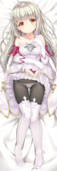 Rule 34 | 1girl, absurdres, back, bare legs, bare shoulders, bed sheet, black pantyhose, blonde hair, blush, boots, brown eyes, closed mouth, clothes lift, collarbone, dakimakura (medium), dress, elbow gloves, full body, gloves, hand up, head tilt, highres, knees together feet apart, light smile, long hair, looking at viewer, panties, pantyhose, pantyshot, platinum blonde hair, pleated skirt, shironeko project, silver hair, skirt, smile, solo, tareme, thigh boots, thighhighs, thighs, toketou, underwear, white dress, white footwear, white gloves, white skirt, white thighhighs
