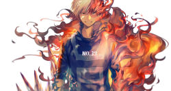 Rule 34 | 10s, 1boy, black eyes, blue eyes, boku no hero academia, burn scar, burning, fire, grin, heterochromia, looking at viewer, lor968, male focus, multicolored hair, red hair, scar, short hair, simple background, smile, solo, todoroki shouto, two-tone hair, upper body, white background, white hair