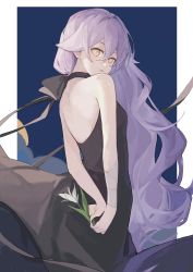 1girl back bare_shoulders black_dress dress flower highres holding holding_flower honkai_(series) honkai_impact_3rd long_hair looking_at_viewer parted_lips purple_hair remy5621 sirin solo standing very_long_hair