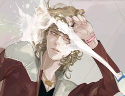 Rule 34 | 10s, 1boy, barnaby brooks jr., blonde hair, glasses, green eyes, jacket, jewelry, male focus, milk, milk carton, necklace, nitta, red jacket, ring, sexually suggestive, solo, tiger &amp; bunny