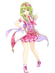 Rule 34 | 1girl, :o, bare shoulders, blush, boots, bow, full body, green eyes, green hair, hair bow, hair over shoulder, hand up, high heel boots, high heels, highres, index finger raised, jacket, long hair, low twintails, morinaka kazaki, necktie, nijisanji, open clothes, open jacket, parted lips, pink bow, pink jacket, pink necktie, pink skirt, plaid, plaid jacket, plaid skirt, pleated skirt, purple footwear, shirt, simple background, skirt, sleeveless, sleeveless jacket, solo, standing, twintails, virtual youtuber, white background, white shirt, wrist cuffs, yuusa