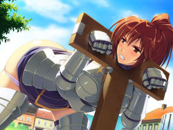 Rule 34 | 1girl, angry, armor, armored dress, assisted exposure, bdsm, bent over, bondage, bound, brown eyes, brown hair, clenched teeth, clothes lift, cloud, game cg, gloves, himekishi angelica, humiliation, ishigaki takashi, knight, leaning forward, long hair, looking back, outdoors, panties, panty pull, paw pose, pillory, ponytail, public indecency, public use, purple panties, purple skirt, red eyes, restrained, shiny skin, skirt, skirt lift, sky, solo, stationary restraints, stocks, teeth, thighhighs, underwear, warrior