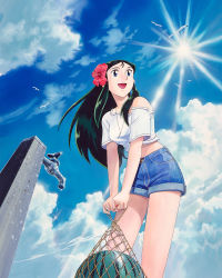 Rule 34 | 1990s (style), 1girl, bird, day, denim, denim shorts, faucet, flower, food, fruit, giant robo, ginrei (giant robo), green hair, hair flower, hair ornament, highres, holding, jewelry, kubooka toshiyuki, long hair, midriff, necklace, off shoulder, official art, open mouth, outdoors, retro artstyle, ring, seagull, shorts, solo, sun, v arms, watermelon
