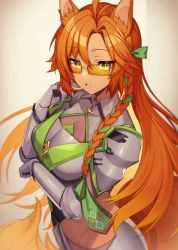 Rule 34 | 1girl, ahoge, animal ears, braid, breasts, brown background, cleavage, commentary request, commission, glasses, gradient background, green hair, green ribbon, hair ribbon, highres, kinsenka momi, long hair, looking at viewer, medium breasts, multicolored hair, orange hair, original, ribbon, single braid, skeb commission, slit pupils, solo, sunglasses, tail, two-tone hair, yellow eyes