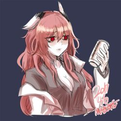 Rule 34 | 1girl, animal ears, artist name, bags under eyes, blue background, breasts, brown shirt, can, cat ears, cleavage, clip studio paint (medium), closed mouth, commentary, dated, drink, energy drink, frown, girls&#039; frontline, hair between eyes, holding, holding can, holding drink, korean commentary, lab coat, large breasts, long hair, long sleeves, madcore, messy hair, partially unbuttoned, persica (girls&#039; frontline), pink hair, red eyes, shirt, simple background, solo, upper body