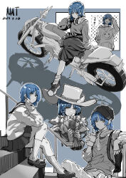 Rule 34 | 1girl, absurdres, backpack, bag, beanie, blue hair, bocchi the rock!, bouquet, card, cup, disposable cup, drinking, flower, hat, headphones, headphones around neck, highres, holding, holding bouquet, hood, hoodie, jewelry, miao ao tian, mole, mole under eye, monochrome, motor vehicle, motorcycle, necklace, necktie, no eyes, scarf, school uniform, sitting, sitting on stairs, skirt, smiley face, solo, stairs, tongue, tongue out, yamada ryo