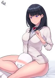 Rule 34 | 10s, 1boy, 1girl, absurdres, bald, band-width, between thighs, black hair, blush, bottomless, bow, breasts, cardigan, faceless, faceless male, gridman universe, grin, head between legs, highres, hip focus, leg lock, long hair, long sleeves, looking at another, medium breasts, nose blush, purple eyes, red bow, school uniform, scissorhold, shirt, sitting, smile, solo focus, ssss.gridman, strangling, takarada rikka, thighs, white cardigan, white shirt, worried