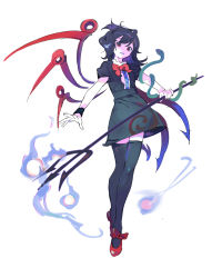 Rule 34 | 1girl, asymmetrical wings, black dress, black hair, blue wings, bow, bowtie, dress, full body, highres, houjuu nue, iovebly, polearm, red bow, red bowtie, red eyes, red footwear, shoes, short dress, snake, solo, thighhighs, touhou, trident, weapon, wings, zettai ryouiki