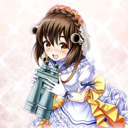 Rule 34 | 10s, 1girl, :d, binoculars, blush, bow, braid, bridal veil, bride, brown hair, collar, commentary request, dress, flower, frilled dress, frills, gloves, hair flower, hair ornament, headgear, holding, kantai collection, looking at viewer, open mouth, puffy short sleeves, puffy sleeves, red flower, red rose, rose, see-through, short hair, short sleeves, simple background, smile, solo, sparkle background, tk8d32, veil, white dress, white gloves, yukikaze (kancolle)