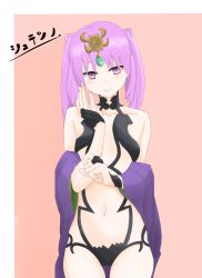 Rule 34 | 1girl, blush, cosplay, fate/grand order, fate/hollow ataraxia, fate (series), highres, long hair, looking at viewer, navel, pink background, purple eyes, purple hair, revealing clothes, shuten douji (fate) (cosplay), shuten douji (fate), simple background, smile, stheno (fate), tagme, text focus, thighs, twintails