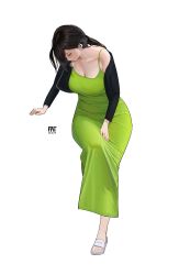 Rule 34 | 1girl, absurdres, arm support, bare shoulders, black hair, breasts, cleavage, closed eyes, collarbone, curvy, dress, fatzhai, full body, green dress, highres, invisible chair, large breasts, leaning forward, long dress, long hair, mature female, original, ponytail, sandals, sigh, simple background, sitting, sketch, solo, unfinished, white background, wide hips